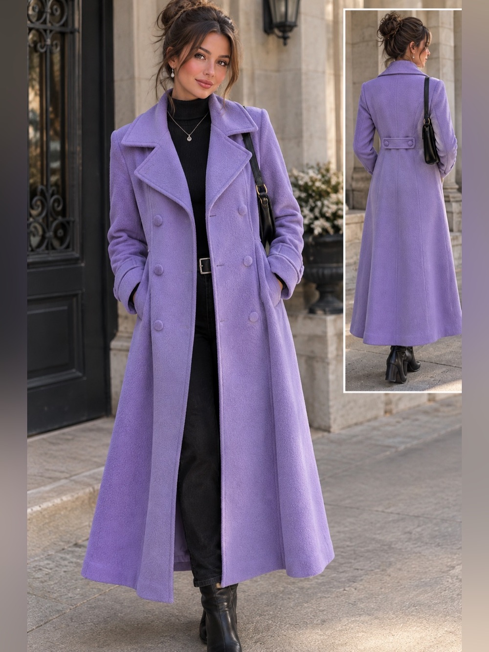 100% Wool Lavender Double Breasted Trench Maxi Princess Coat M